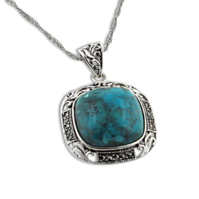 Art Deco Squared Turquoise and Marcasite Sterling Silver Pendant 18" Necklace - Silver Insanity