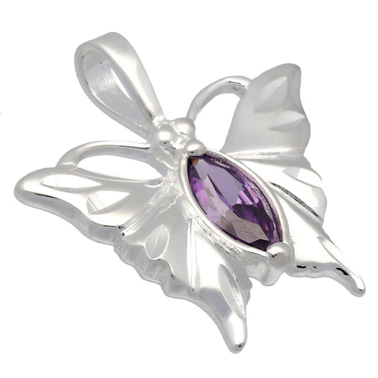 Classic Purple CZ Butterfly Etched Wings Solid Sterling Silver Pendant - Silver Insanity
