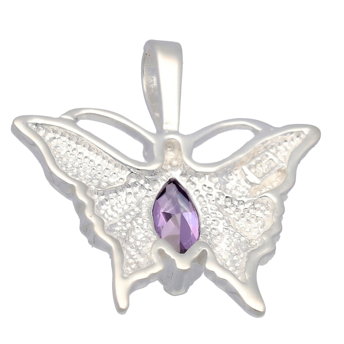 Classic Purple CZ Butterfly Etched Wings Solid Sterling Silver Pendant - Silver Insanity