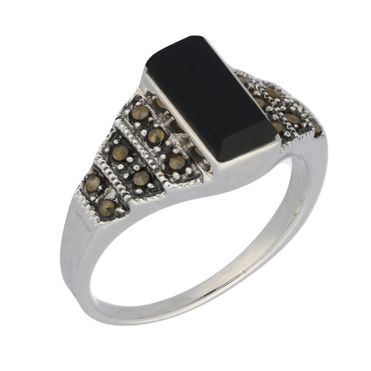 Marcasite and Black Onyx Sterling Silver Bar Ring - Silver Insanity