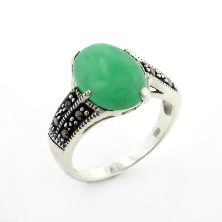 Green Jade Marcasite Sterling Silver Band Ring - Silver Insanity
