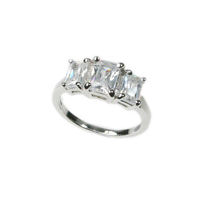3-Stone Anniversary Emerald-Cut White CZ Ring Sterling Silver - Silver Insanity