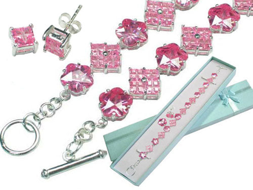 Sterling Silver Pink Ice CZ Bracelet and Earrings Set - Silver Insanity