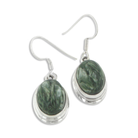 Feathered Green Seraphinite Oval Genuine Gemstone Sterling Silver Earrings - Silver Insanity
