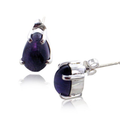 Genuine Amethyst Pear Cabochon Studs Sterling Silver Earrings - Silver Insanity