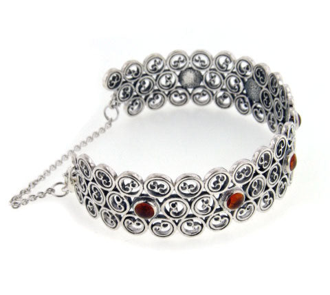 Swirled Sterling Silver Cuff Bangle 7" Bracelet with Amber - Gift Boxed - Silver Insanity