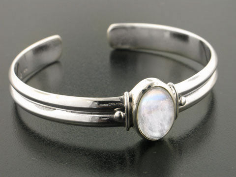 Adjustable Sterling Silver Cuff Bracelet with a Rainbow Moonstone Center Gem - Silver Insanity