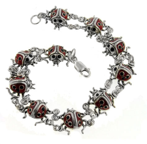 Sterling Silver Detailed Red Enameled Ladybug Bracelet - Silver Insanity