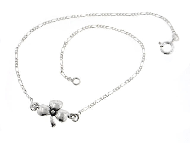Sterling Silver Lucky Irish Charm Three Leaf Shamrock Clover 9" Figaro Anklet - Silver Insanity