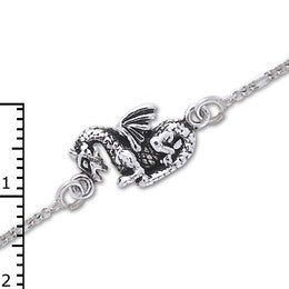 Sterling Silver Medieval Fantasy Dragon Charm 9.5" Figaro Anklet - Silver Insanity