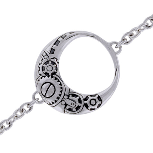 Steampunk Clockwork Lunar Crescent Sterling Silver Bracelet, 7" - Silver Insanity