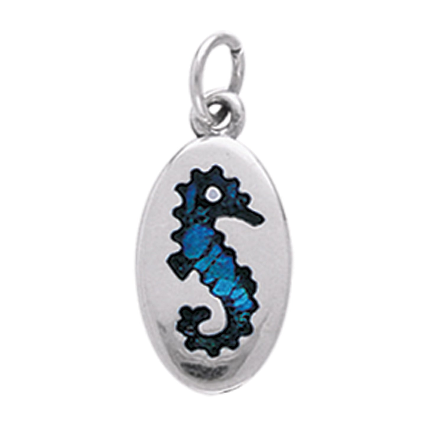Small Oval Blue Paua Shell Seahorse Sterling Silver Pendant Charm - Silver Insanity