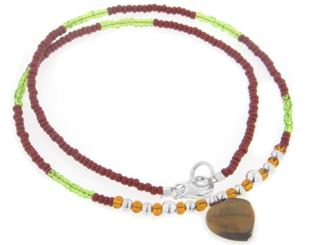 Sterling Silver Beaded 16" Choker Necklace with Genuine Tiger Eye Heart Pendant - Silver Insanity