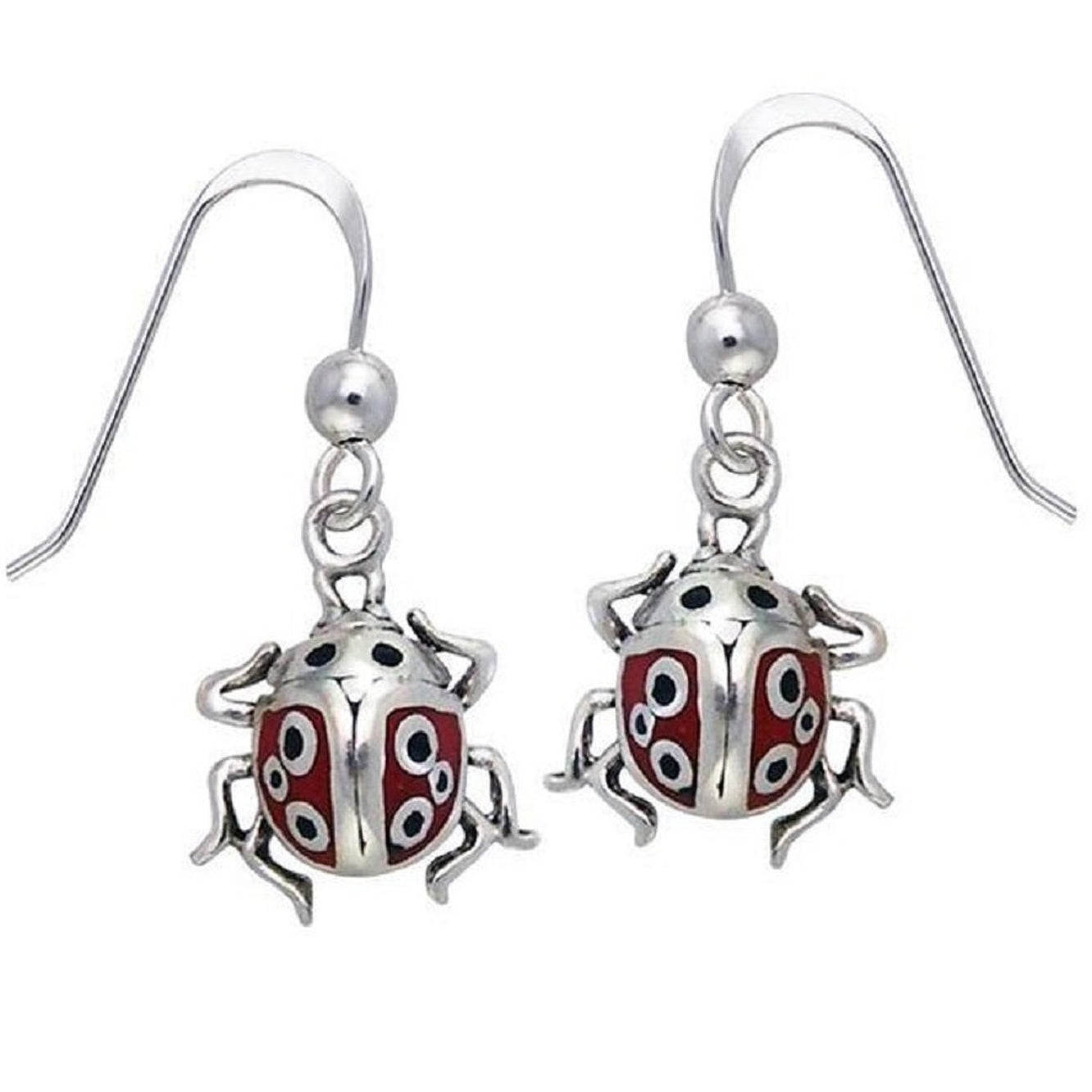Red and Black Enamel Ladybug Detailed Sterling Silver Dangling Hook Earrings - Silver Insanity
