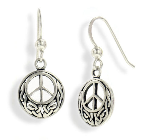 Celtic Knot and Peace Sign Symbol Sterling Silver Hook Earrings - Silver Insanity
