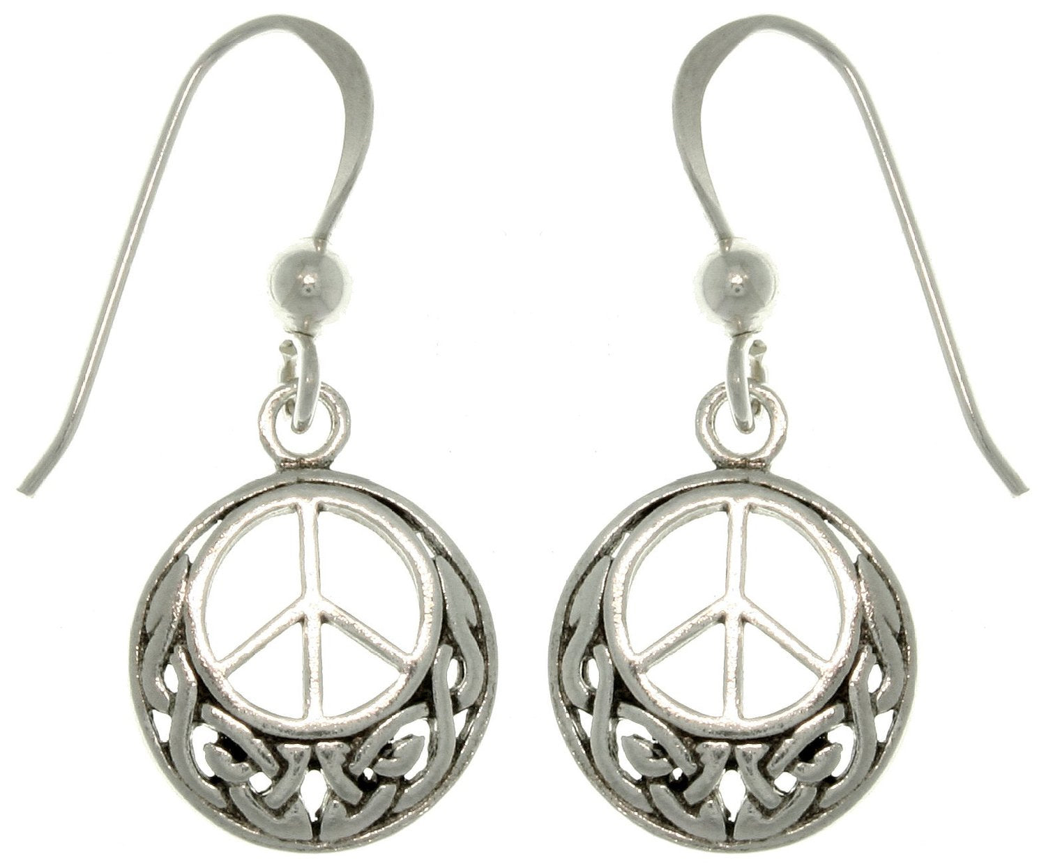 Celtic Knot and Peace Sign Symbol Sterling Silver Hook Earrings - Silver Insanity