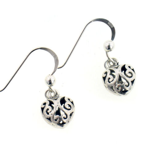 Small Filigree Puffed 3D Dangling Heart Sterling Silver Hook Earrings - Silver Insanity