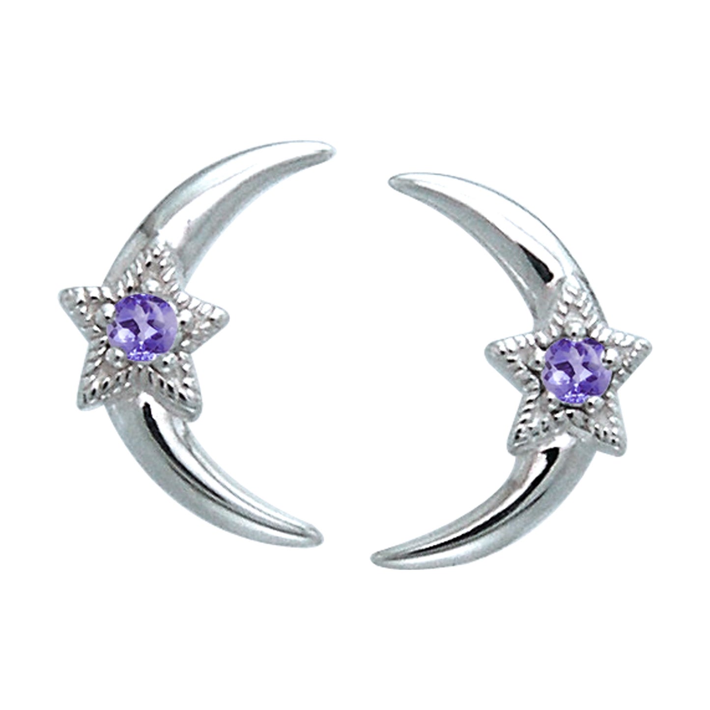 Celestial Star Cresent Moon Amethyst, Blue Topaz, Garnet Sterling Silver Post Stud Earrings - Silver Insanity
