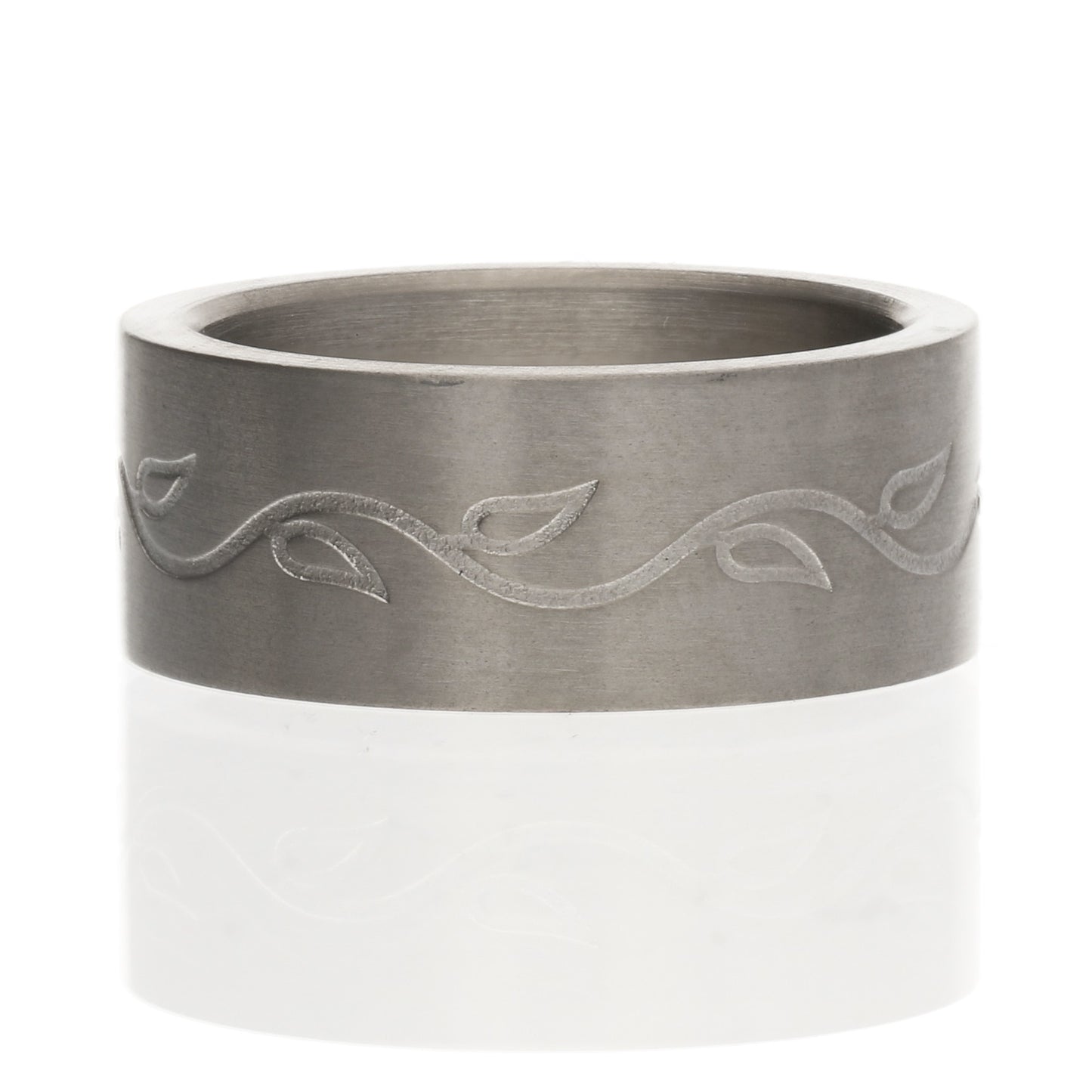 8mm Titanium Brushed Satin Vines and Leaves Wedding Band Ring - Silver Insanity