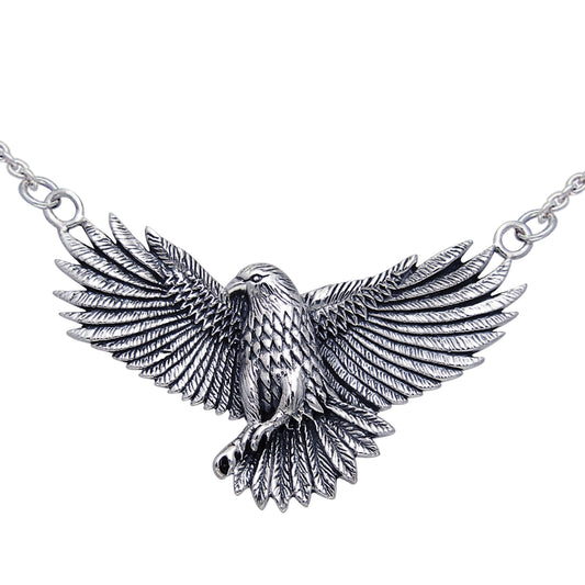 Detailed Sterling Silver Native American Indian Large Eagle Necklace 18" - Silver Insanity