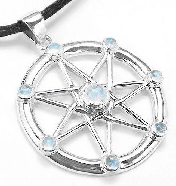 Sterling Silver Elven or Faery Star Septagram Pendant Necklace Rainbow Moonstone - Silver Insanity