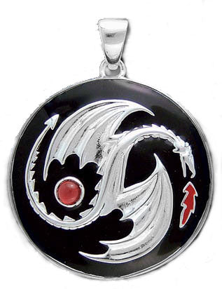Sterling Silver Garnet Yin-Yang Dragon Pendant Necklace - Silver Insanity