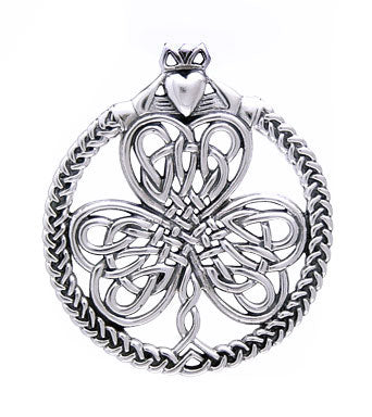 Celtic Knot Irish Shamrock Clover Claddagh Sterling Silver Pendant 19" Necklace - Silver Insanity