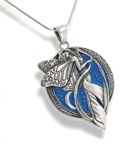 Sterling Silver Sky Blue Moonlight Fairy Celtic Art Pendant 18" Snake Necklace - Silver Insanity