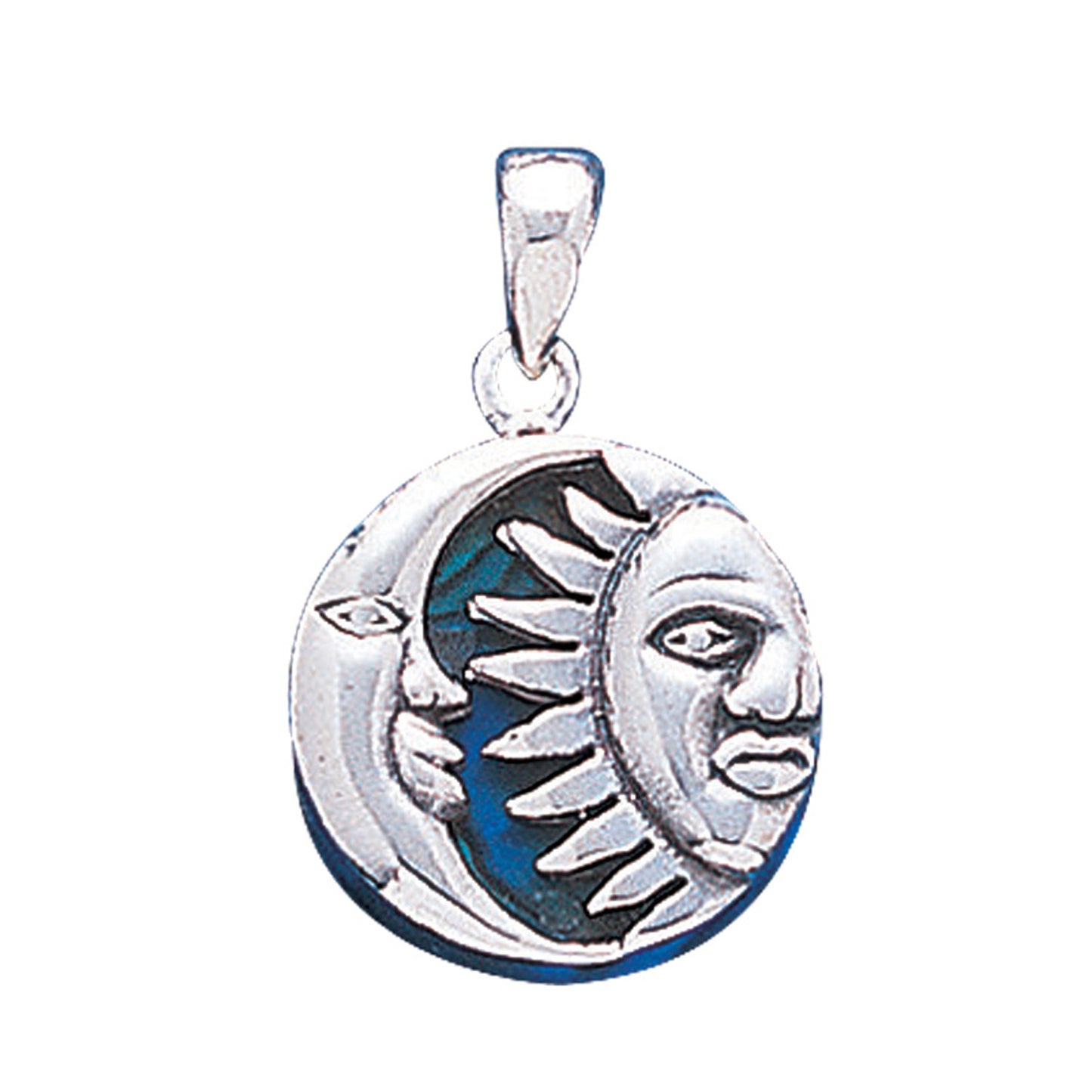 Reversible Blue Paua Shell Sun and Moon Face Sterling Silver Pendant - Silver Insanity