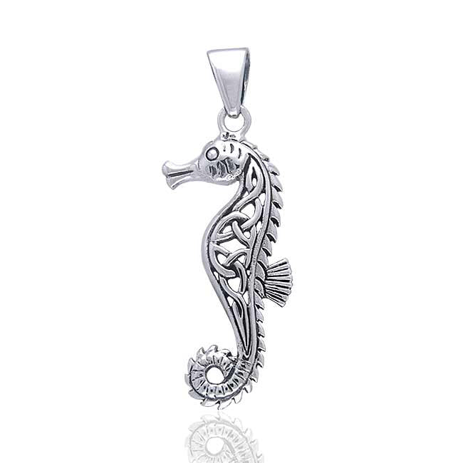 Hippocampus - Poseidon's Steed Seahorse with Celtic Knot Sterling Silver Pendant - Silver Insanity