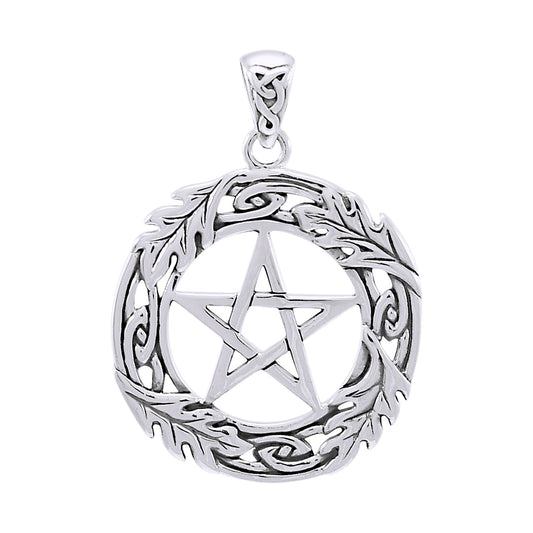 Oak Leaf Framed Celtic Knot Pentacle Pentagram Sterling Silver Pendant - Silver Insanity
