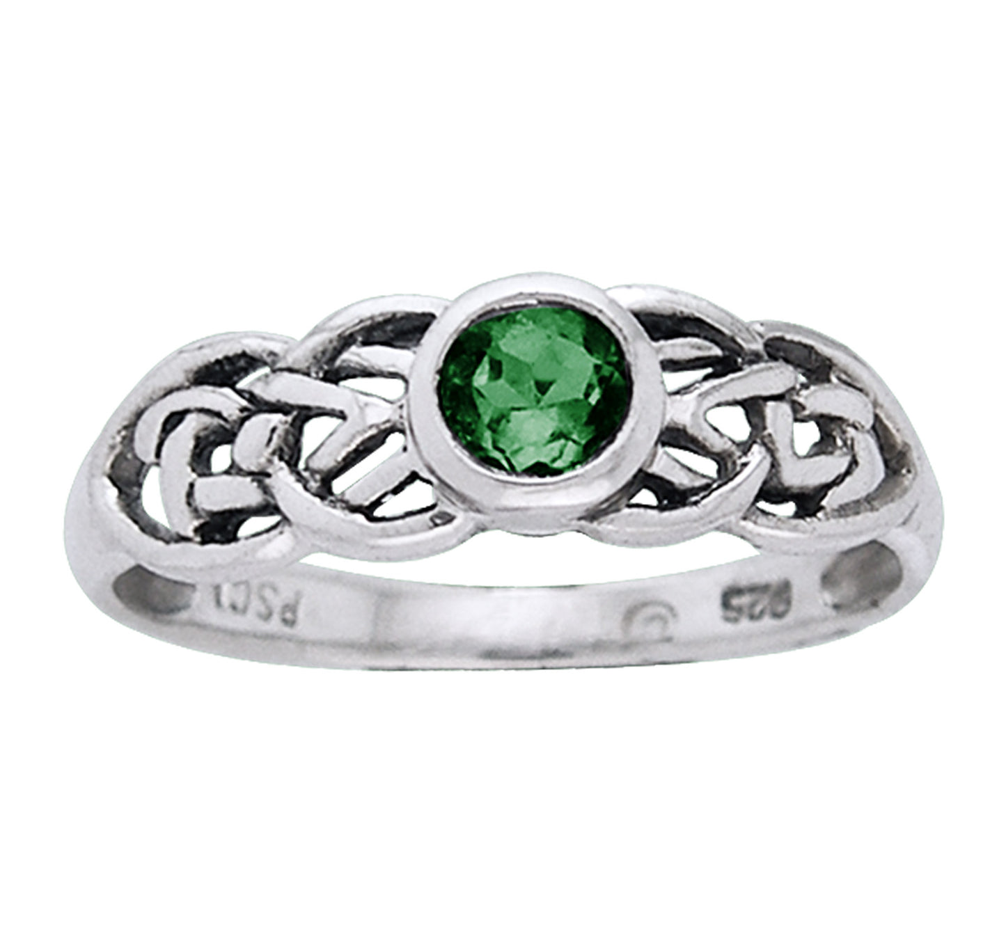 Petite Celtic Knot Birthstone Ring Sterling Silver Green Glass For May - Silver Insanity