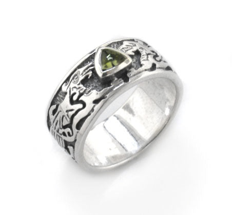 Genuine Green Moldavite Meteor Celtic Knot Dragon Sterling Silver Ring - Silver Insanity