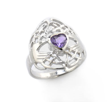 Celtic Knot and Genuine Amethyst Irish Claddagh Sterling Silver Ring - Silver Insanity