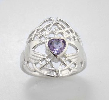 Celtic Knot and Genuine Amethyst Irish Claddagh Sterling Silver Ring - Silver Insanity