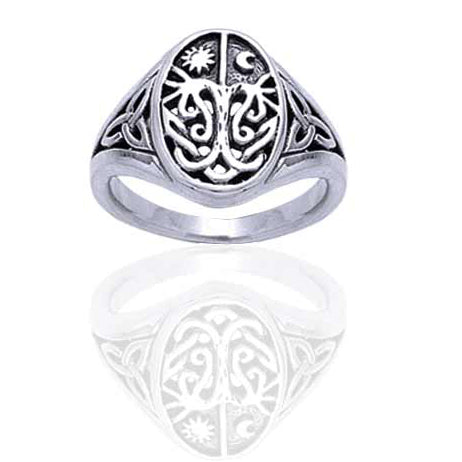 Celtic Trinity Knot Tree of Life with Sun and Moon Sterling Silver Ring - Silver Insanity