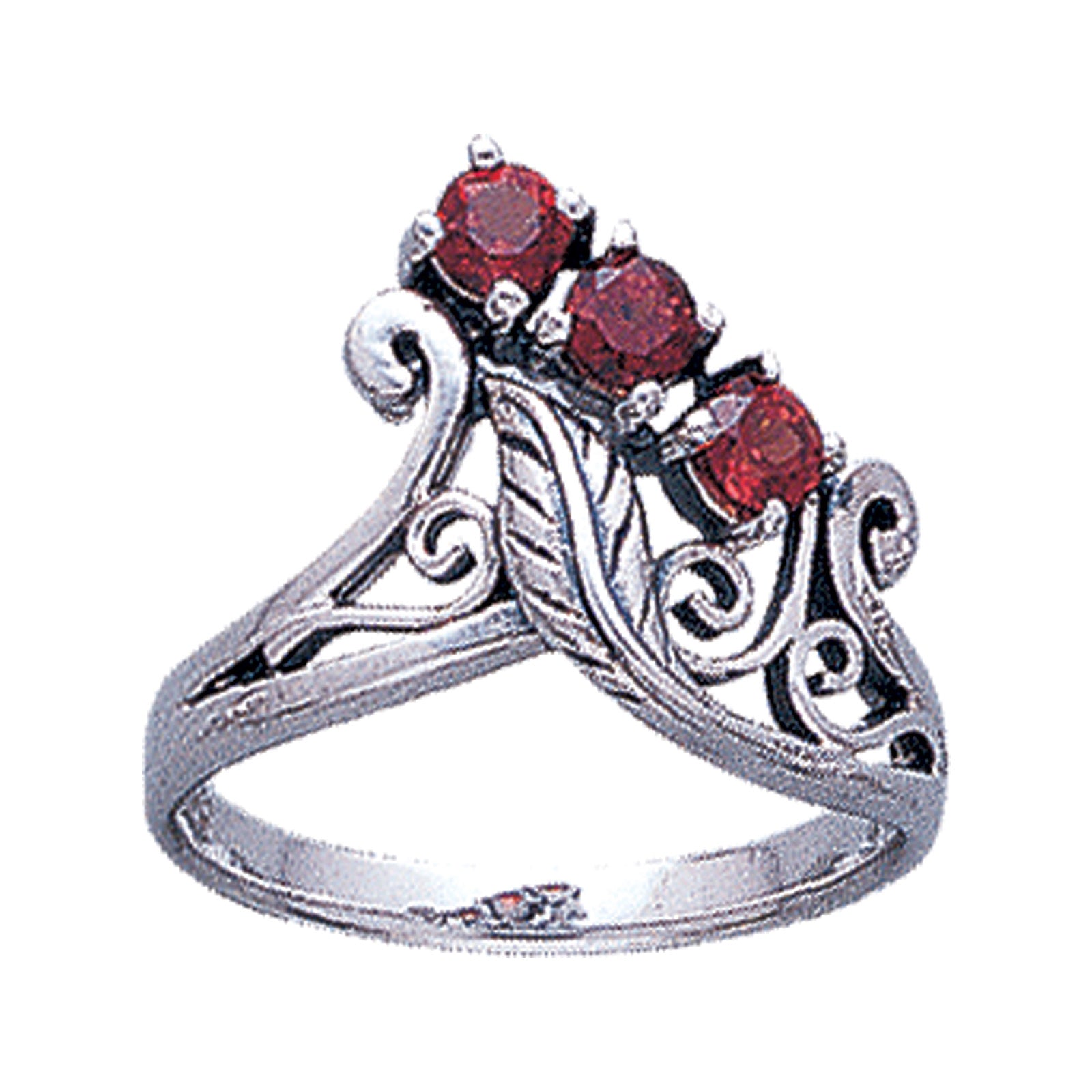 Sterling Silver 3-Stone Faceted Garnet Flower and Leaf Ring - Silver Insanity