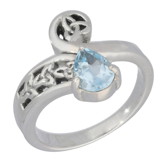 Celtic Trinity Knot Blue Topaz Bypass Sterling Silver Ring - Silver Insanity