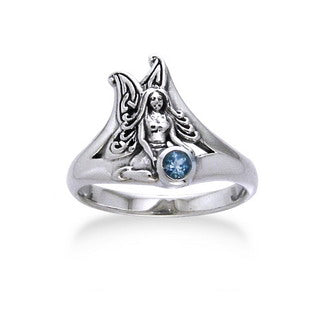 Detailed Fairy Sterling Silver Faery and Genuine Blue Topaz Ring - Silver Insanity