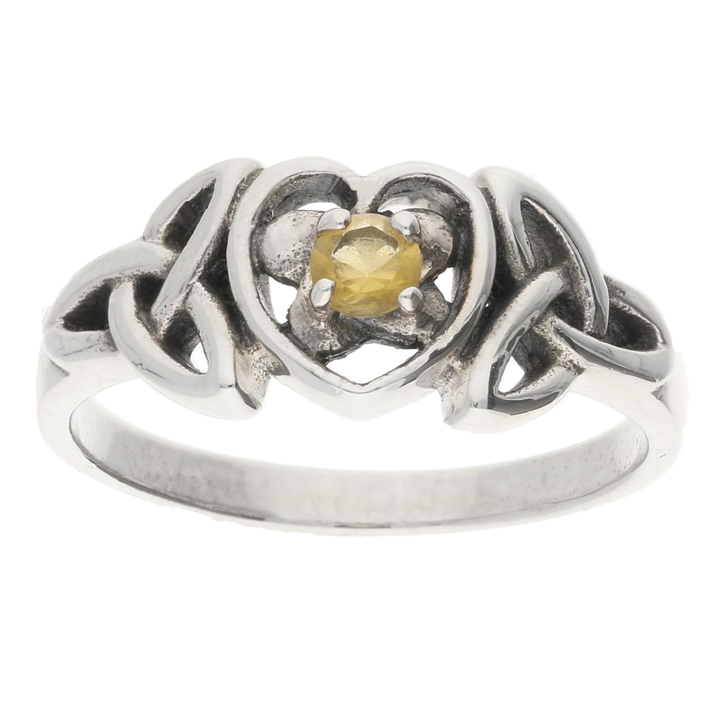 November Ring - Sterling Silver Citrine Celtic Trinity Knot Heart