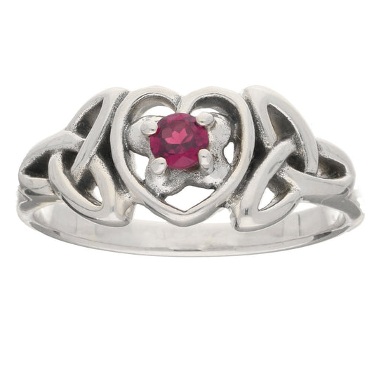 July Birthstone Ring - Sterling Silver Ruby Celtic Trinity Knot Heart