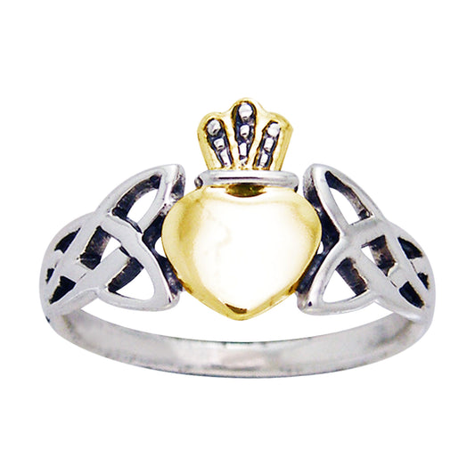 Two Tone Irish Claddagh Celtic Knotwork Sterling Silver Ring - Silver Insanity