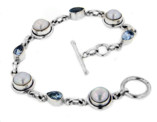 Sterling Silver Blue Topaz Freshwater Pearl Bracelet - Silver Insanity