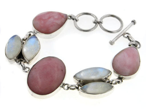 Sterling Silver Pink Opal w/ Rainbow Moonstone Bracelet - Silver Insanity