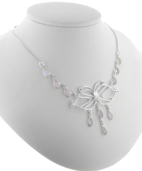 Filigree Butterfly with Genuine Rainbow Moonstone Cascading Drops 18" Sterling Silver Necklace - Silver Insanity