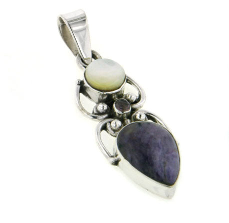 Charoite, Mother of Pearl, and Amethyst Slide Pendant - Silver Insanity