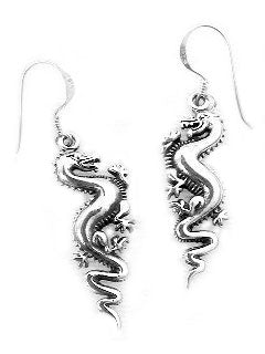 Sterling Silver Dueling DRAGON Serpent Hook Earrings - Silver Insanity