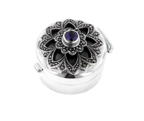 Genuine Marcasite w/ Purple Glass Flower Pill Box Sterling Silver - Silver Insanity