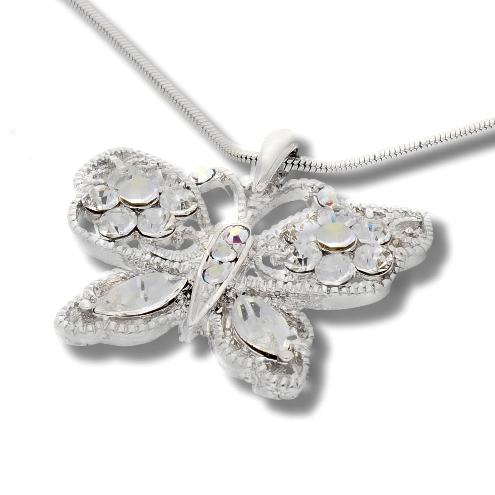 Butterfly AB Crystals White Gold Plated Pendant 16" Necklace - Silver Insanity